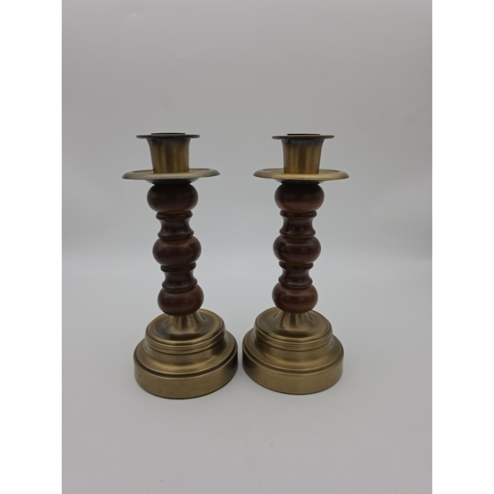 Vintage Homco Wood and Brass CANDLESTICK HOLDERS 9.5"